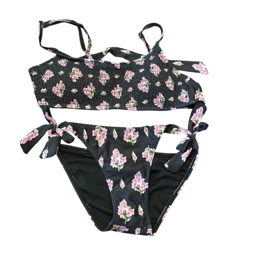 Floral Bikini. Pink&Black Tie Straps. Shirred‎ Top. Purchased in Italian Market.